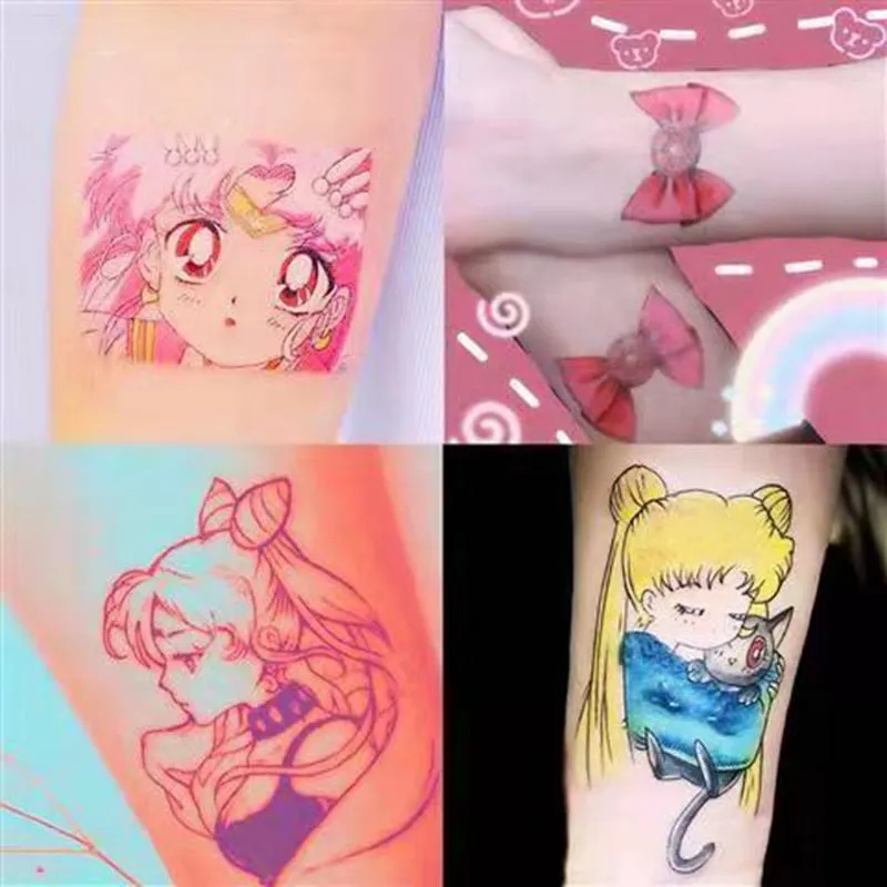 36piece Small Cartoon Temporary Tattoo Stickers Set for Men Women Kids Waterproof Cute Sailor Moon Cat Fake Tattoo Sexy Tattoos