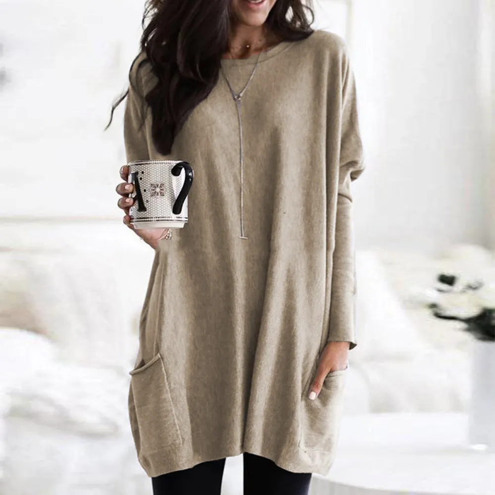 Brownm Autumn Pullover Casual Round Neck Long Sleeve Pocket T-shirt Top