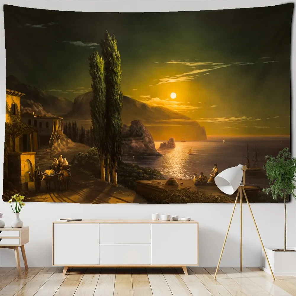 Sunset Seascape Tapestry Wall Hanging Bohemian Style Hippie Witchcraft Aesthetics Room Bedroom Home Decor