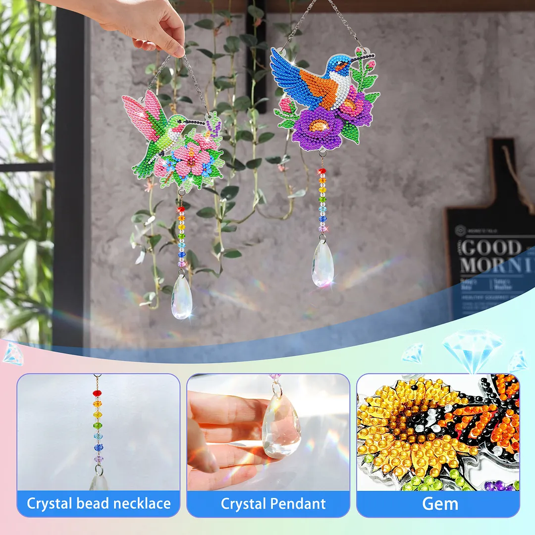 2Pcs Hummingbird Carrying Flowers DIY Double-Sided Diamond Painting Hanging Kits Diamond Painting Suncatcher Craft Kit for Home Garden Wall Decor Gift