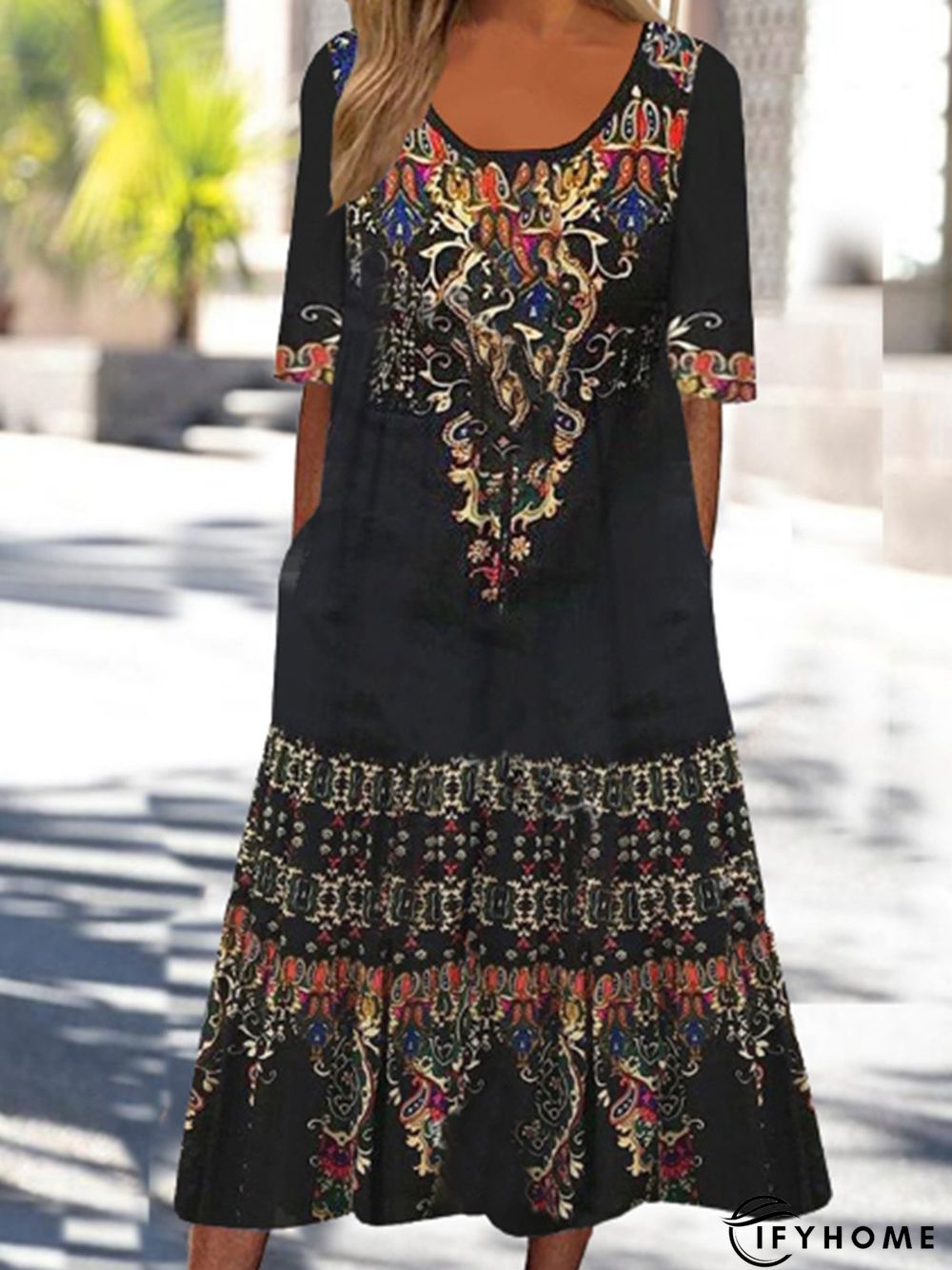Women Casual Ethnic Autumn Natural Daily Long Best Sell Half sleeve T-Shirt Dress Dress | IFYHOME