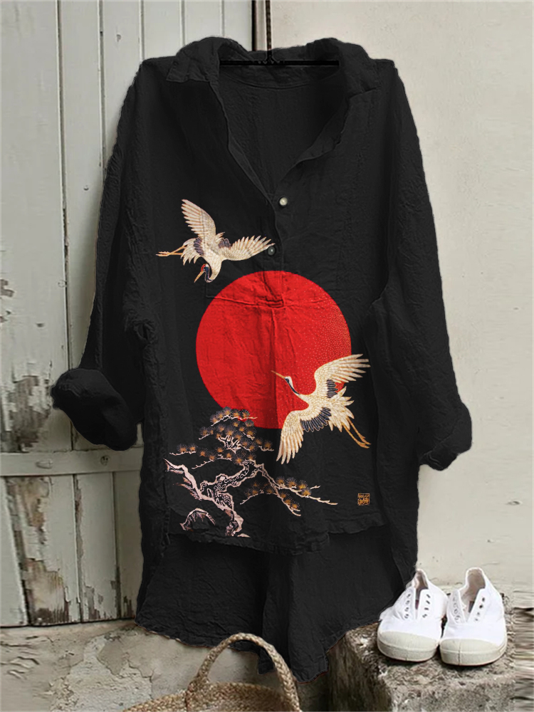 Cranes & Pine Trees Sunrise Japanese Art High Low Tunic