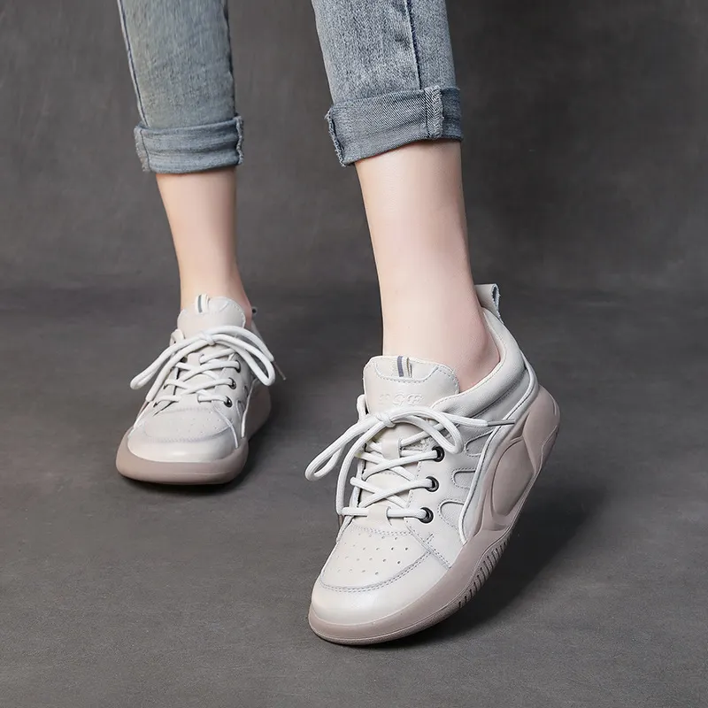 Yyvonne Layer Of Cowhite Casual Lace Handmade Women's Shoes New Leather Flat-Bottomed Sports Wind Soft Sole Shoes Wear Low Heel