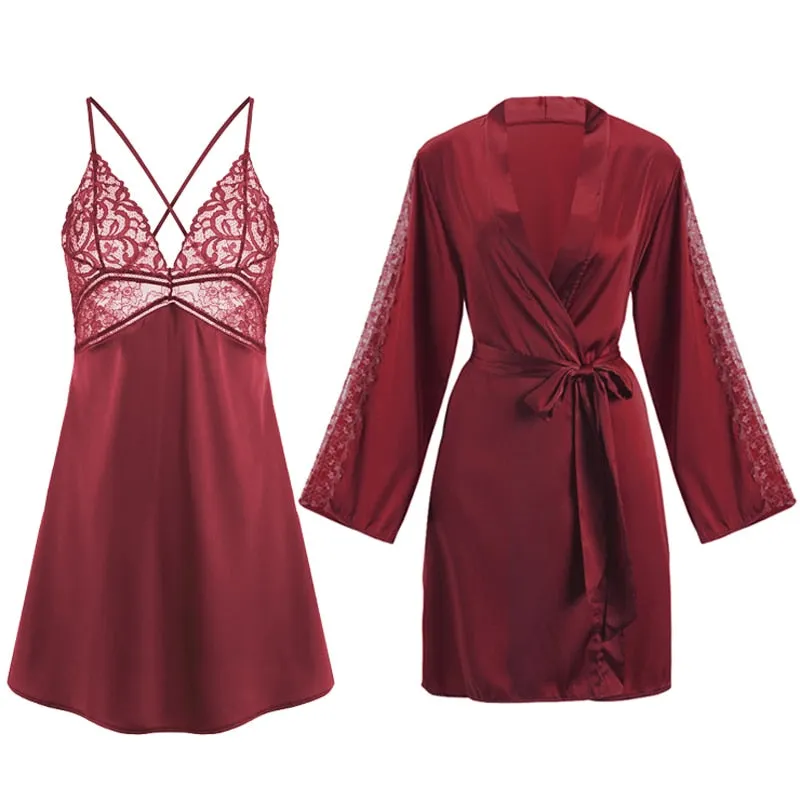CINOON Sexy Female Sleepwear Silk Robe Set Summer Kimono Bathrobe Lace Bath Gown Wedding Night Dress Home Clothes Nightwear