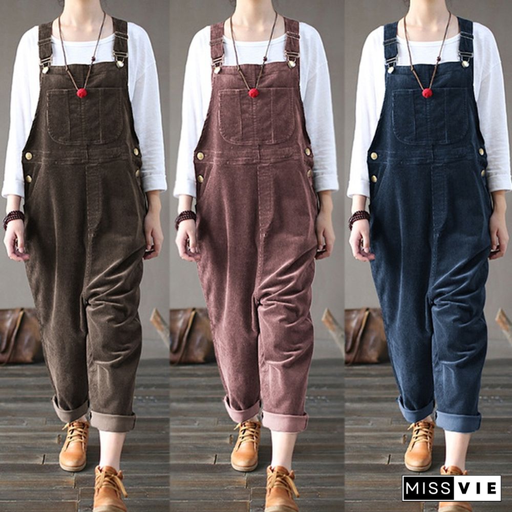Women Corduroy Bib Pants Trousers Jumpsuit Playsuit Dungarees Pinafores Overalls