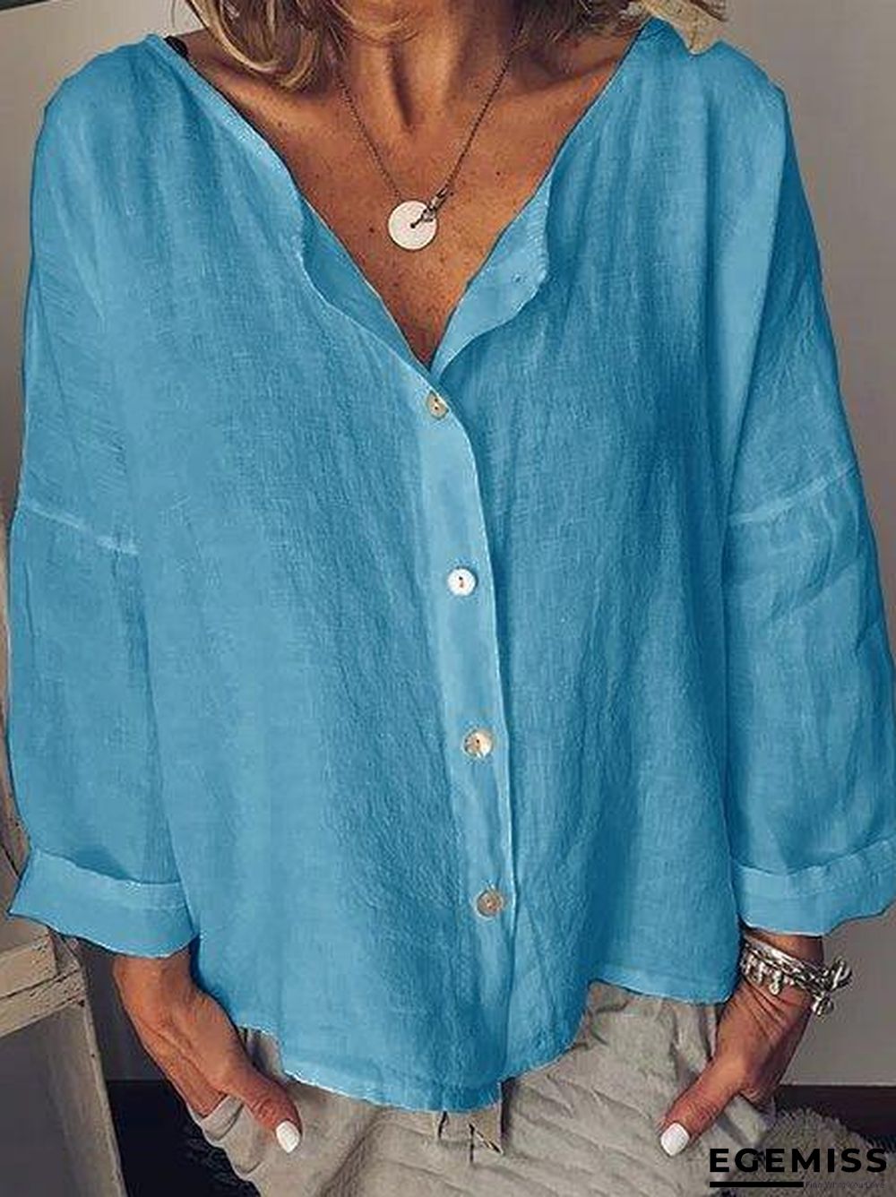 Long Sleeve Solid Shirts Plus Size Blouses Linen | EGEMISS
