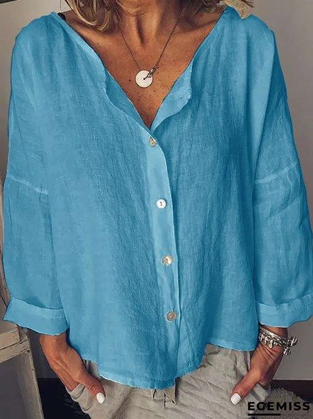 Long Sleeve Solid Shirts Plus Size Blouses Linen | EGEMISS