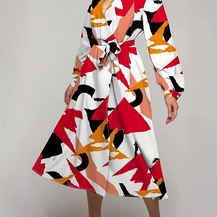 Allover Print Belted Dress, Elegant V Neck Long Sleeve Dress For Spring & Fall, Women's Clothing