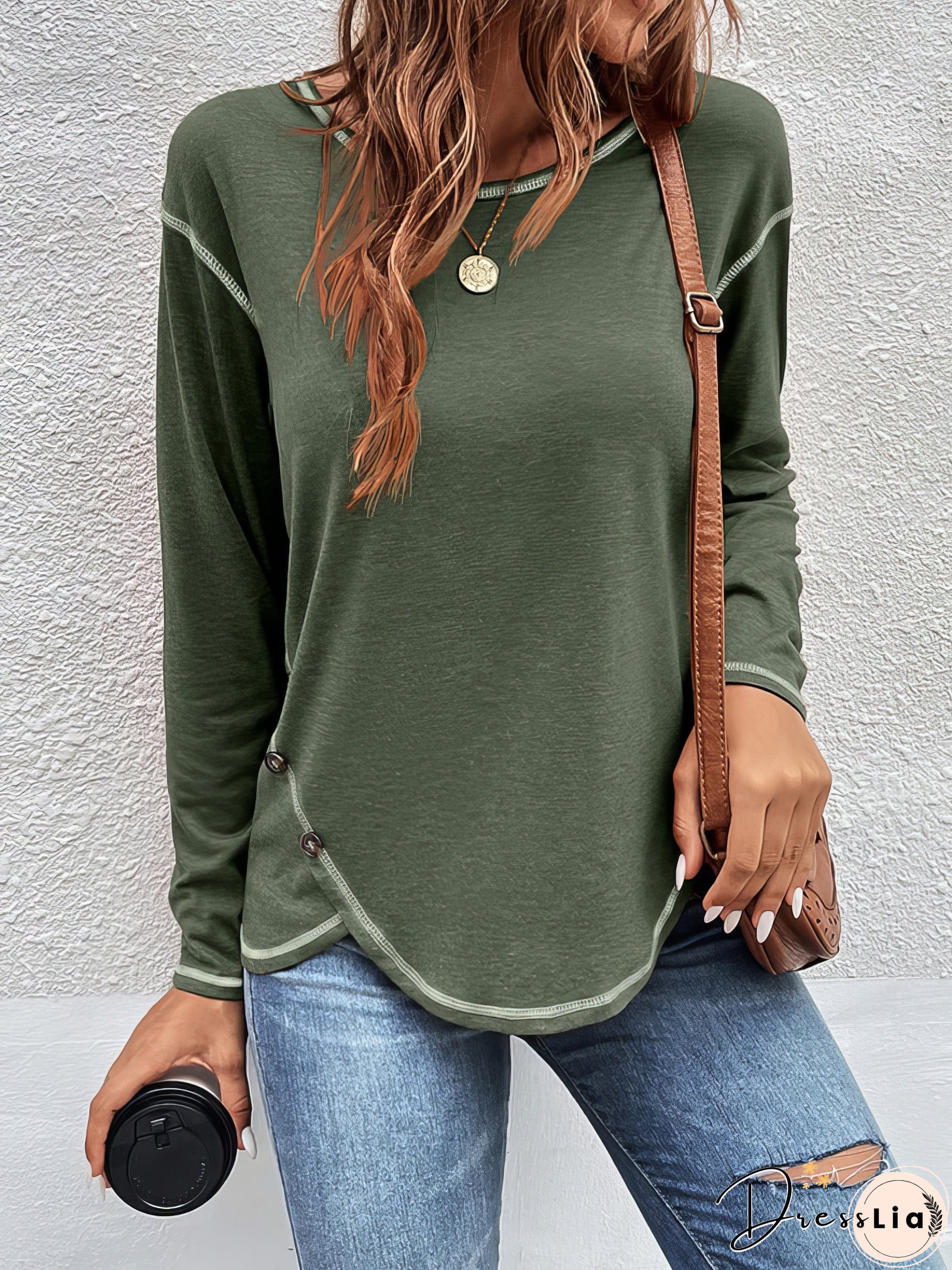 Button Irregular Long Sleeve T-Shirt