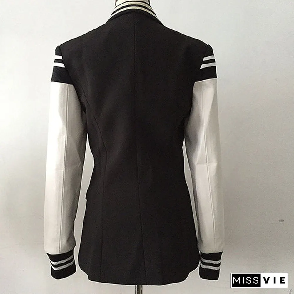 Naval Varsity Stripes Color Block Leather Blazer Jacket