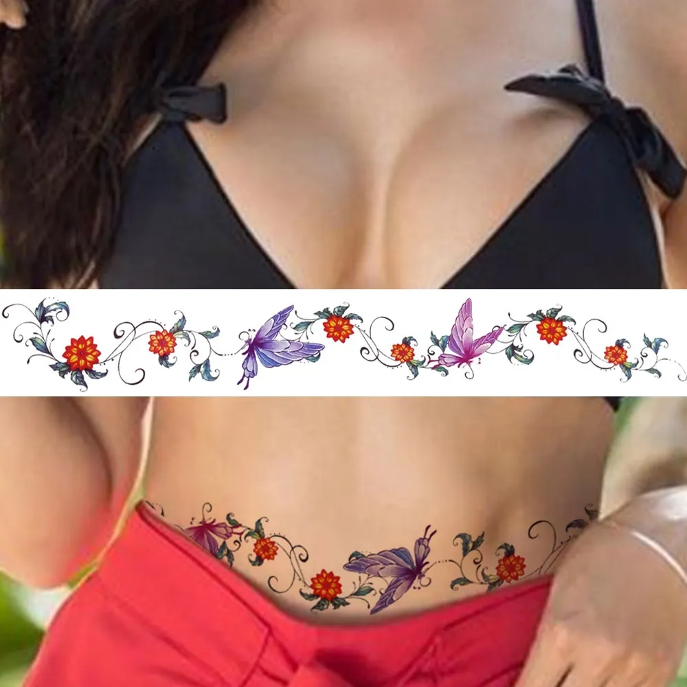 Sdrawing Butterfly Temporary Tattoos For Women Girls Fake Flower Tattoo Sticker Thorns Lily Daffodil Waist Sexy Tatoos