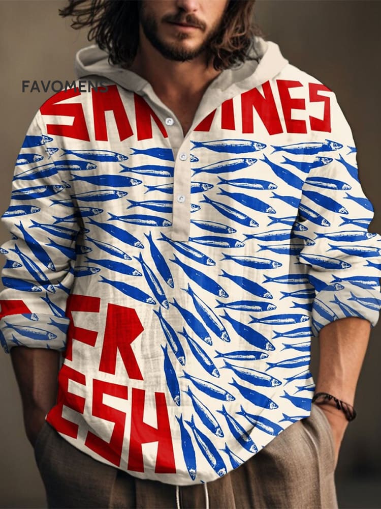 Vintage Fish Sardines Art Print Casual Jacquard Shirt Multicolor / S