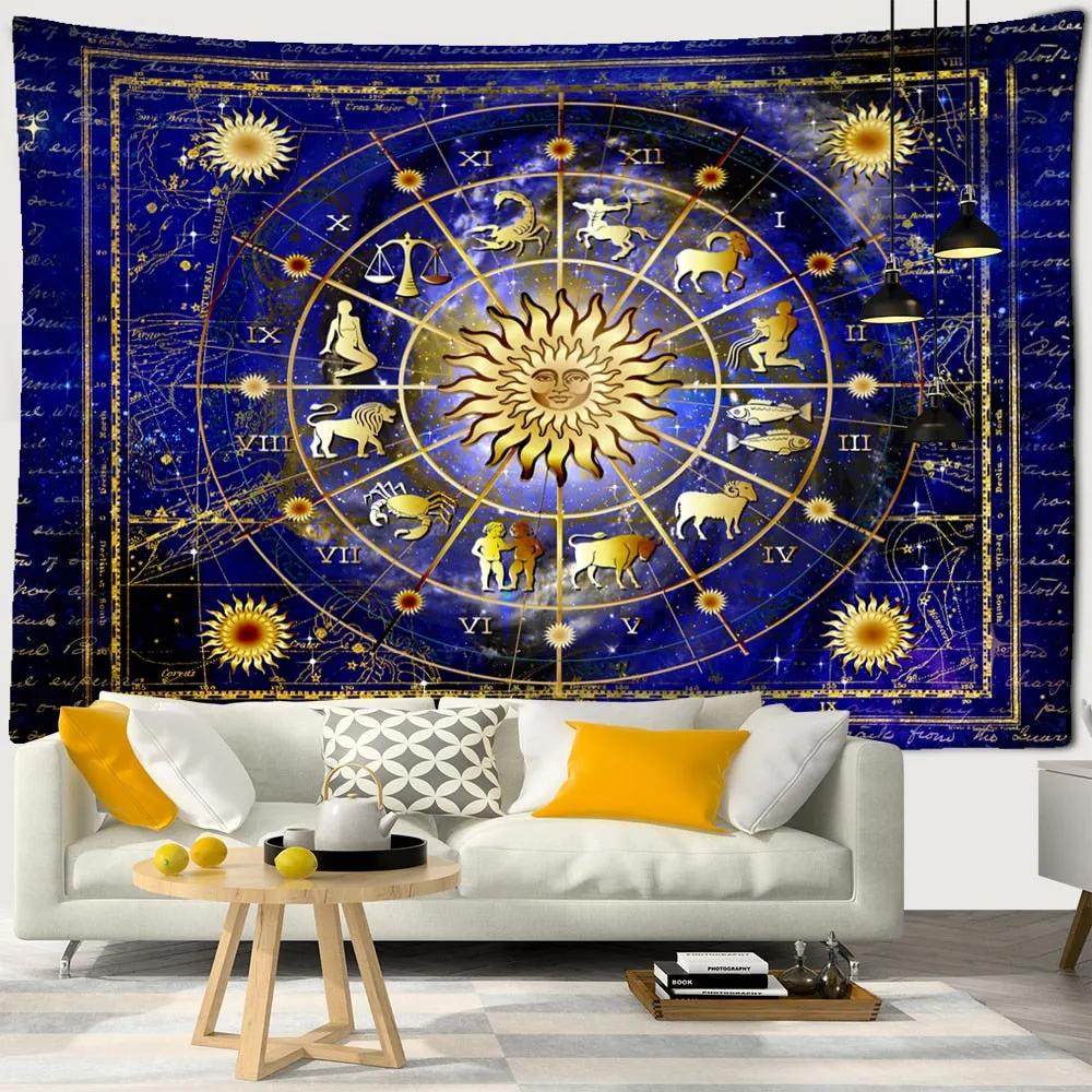 Golden Sun Star Symbol Magic Array Tapestry Wall Hanging Bohemian Hippie Planet Psychedelic Witchcraft Room Decor