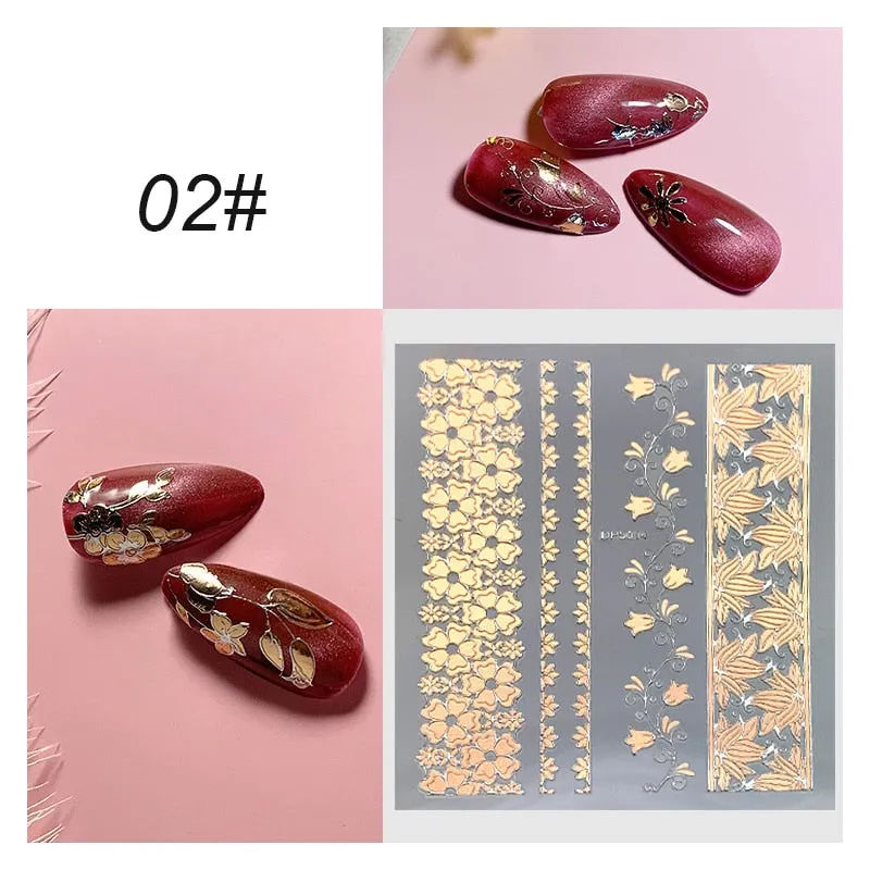 3D Flower Lace Nail Stickers iridescent Bronzing Floral Leaf Transfer Stickers For Nails Manicuring Accessories