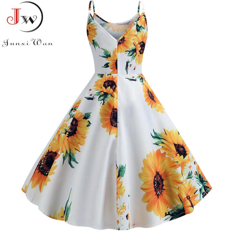 Churchf Sexy Spaghetti Strap Swing Vintage Rockabilly Dresses Floral Summer Beach Dress Women  White Boho Sunflower Midi Dresses-Outfit Ideas