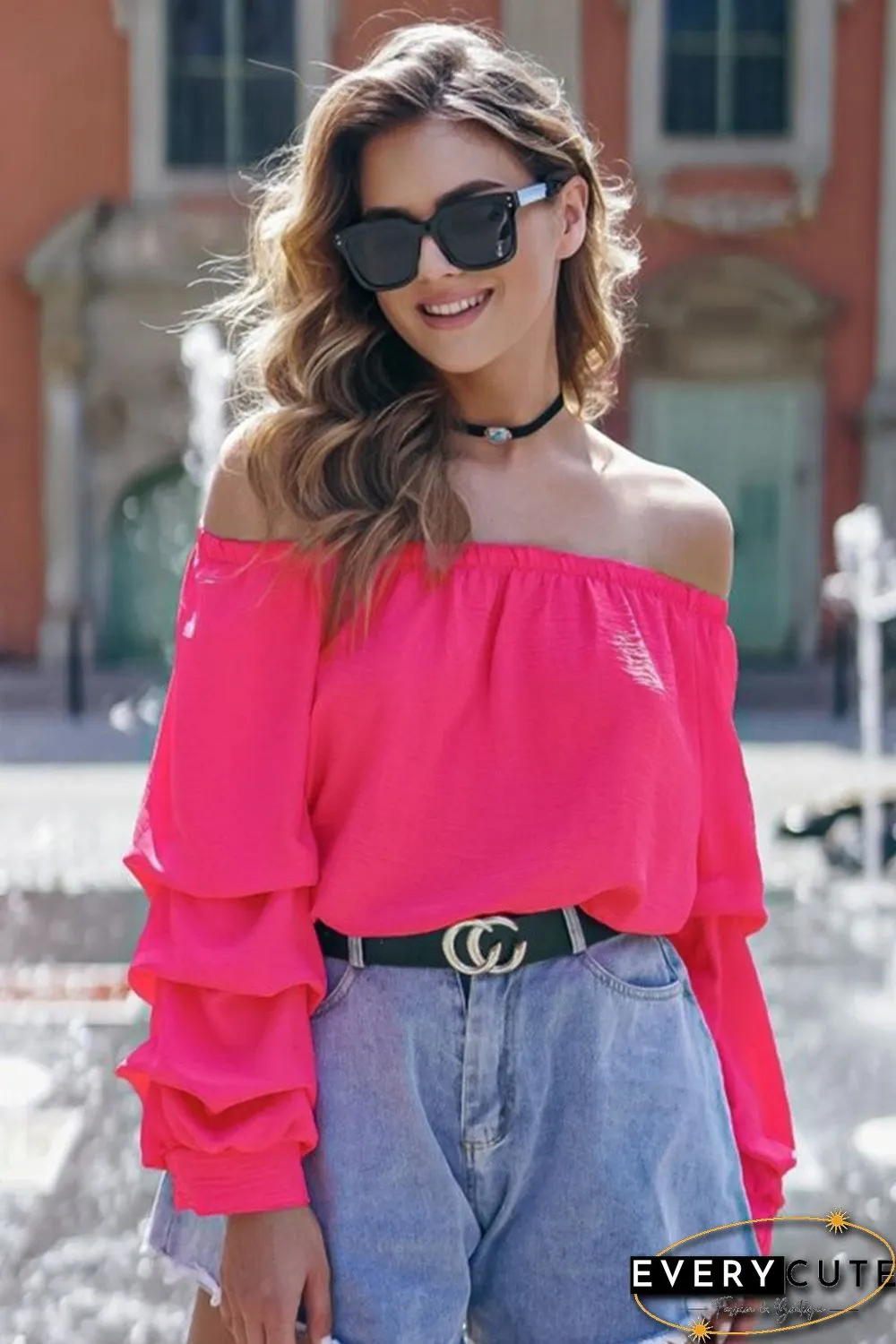 Rose Pleated Sleeve Off Shoulder Blouse