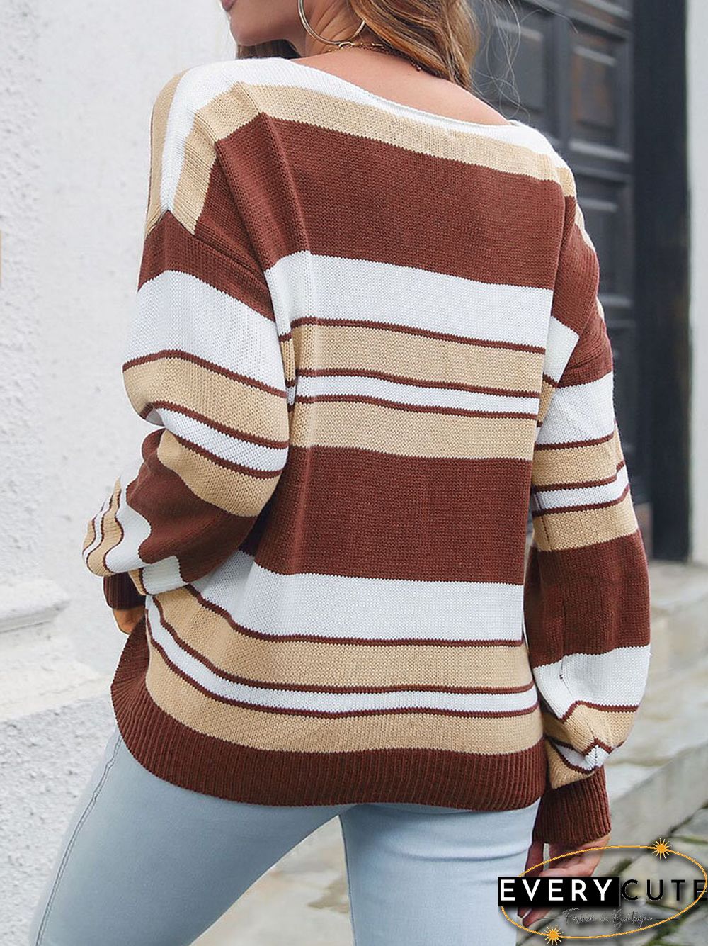 Ombre Stripe Loose Dropped Shoulder V-neck Long Sleeve Sweater