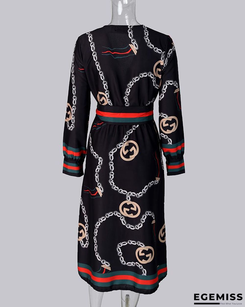 Long Sleeve Chain Baroque Print Dress Black Dresses | EGEMISS