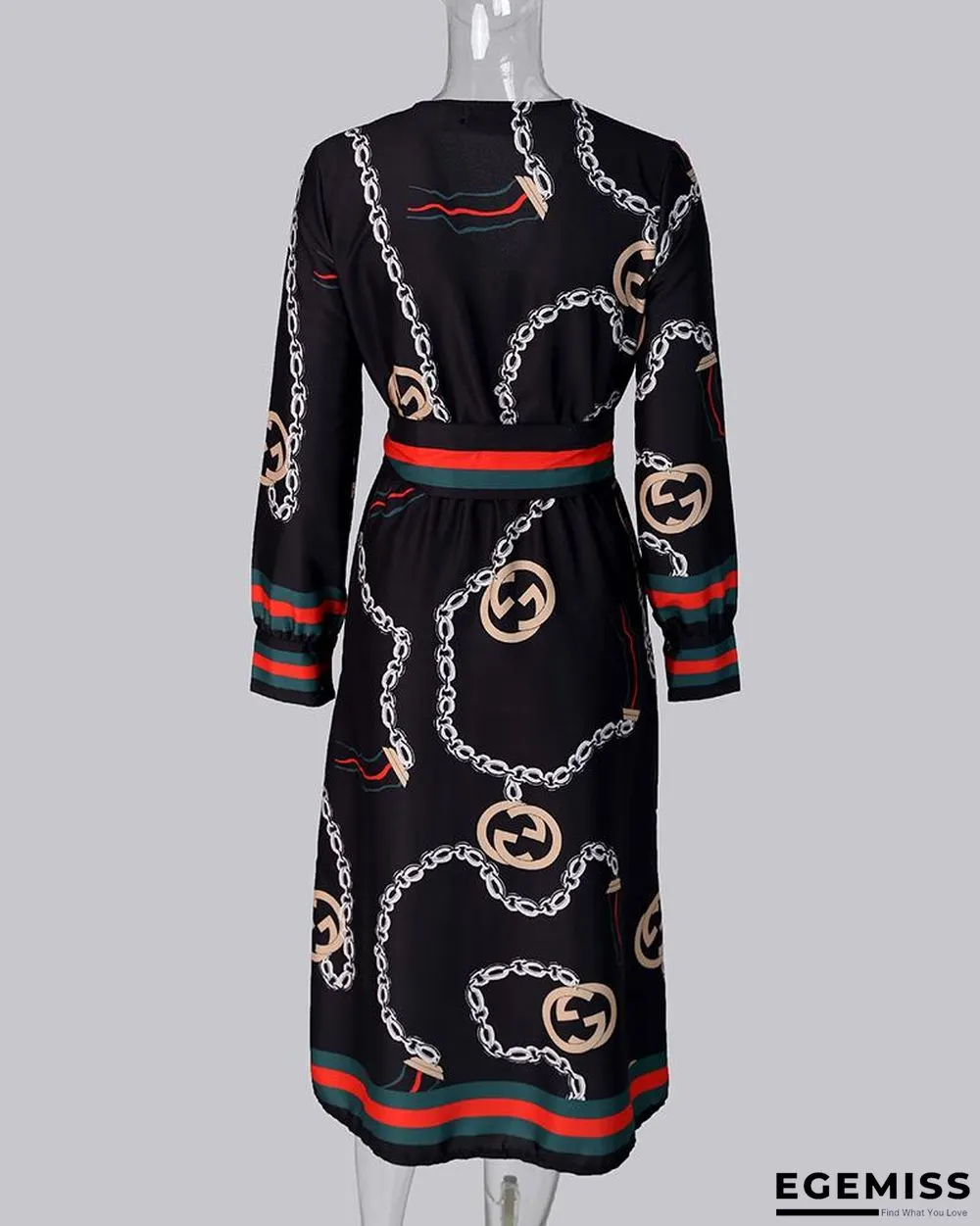 Long Sleeve Chain Baroque Print Dress Black Dresses | EGEMISS