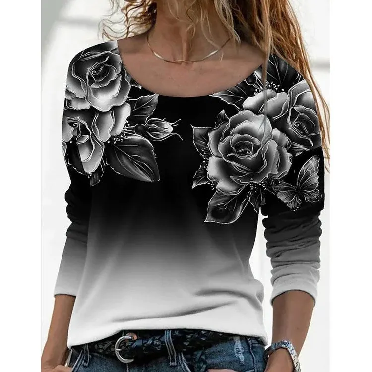 Brownm Long Digital Printing Sleeve Loose Neck Casual Pullover Print T-shirt