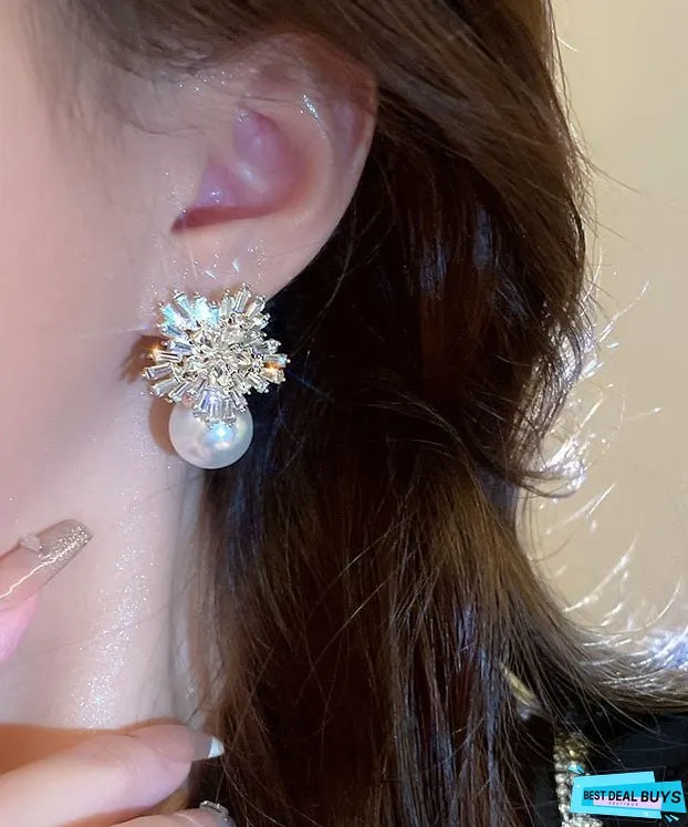 Stylish White Alloy Pearl Zircon Floral Stud Earrings