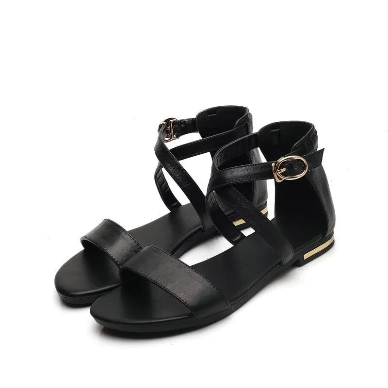 NEMAONE 2018 Genuine Leather Women Sandals Summer Sweet Women Flats Heel Sandals Ladies Shoes Black big size 12 13 14 15