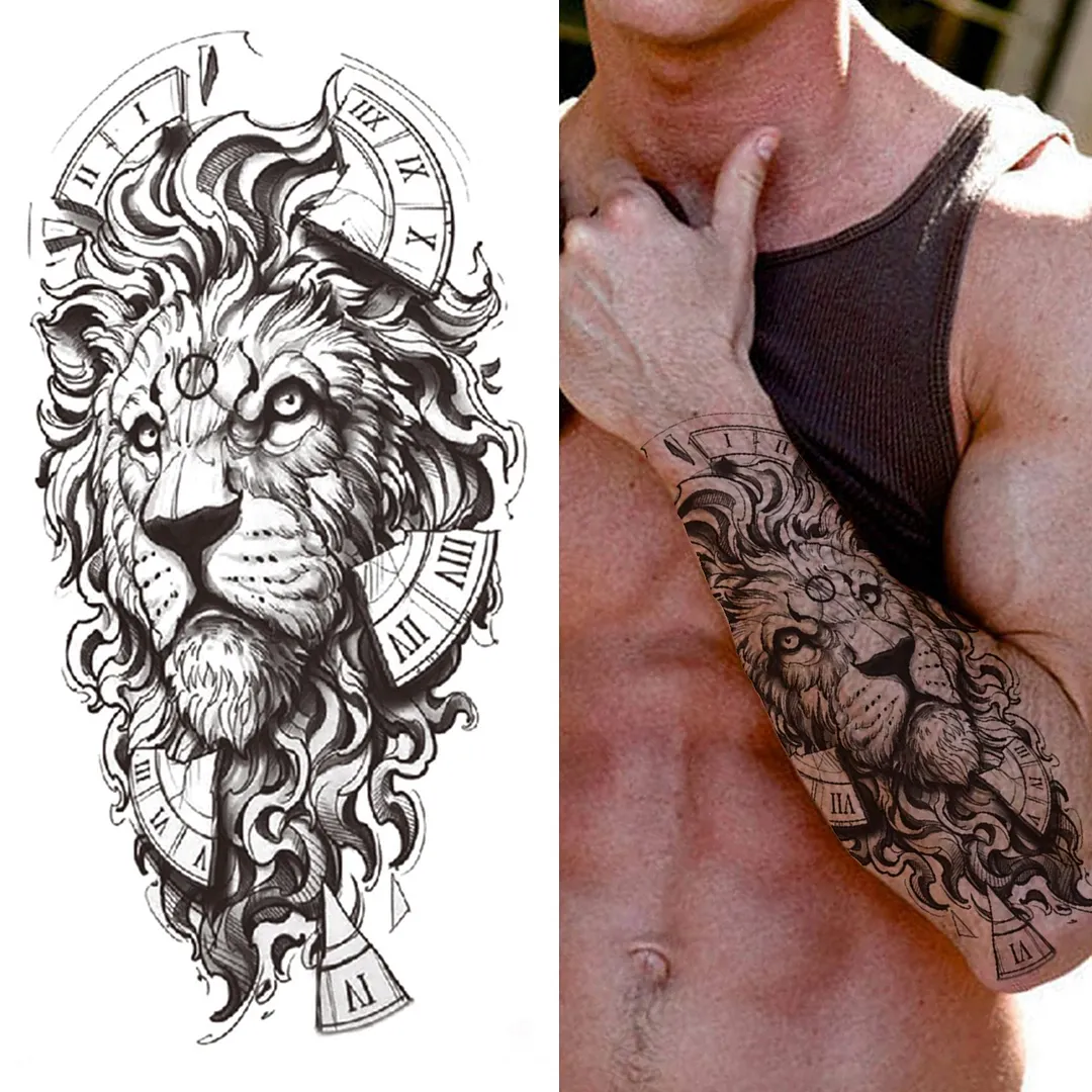 Sexy Rose Lion Flower Temporary Tattoos For Women Men Kids Boys Realistic Fake Wolf Tattoo Sticker Black Cross Compass Tatoos 1108-1