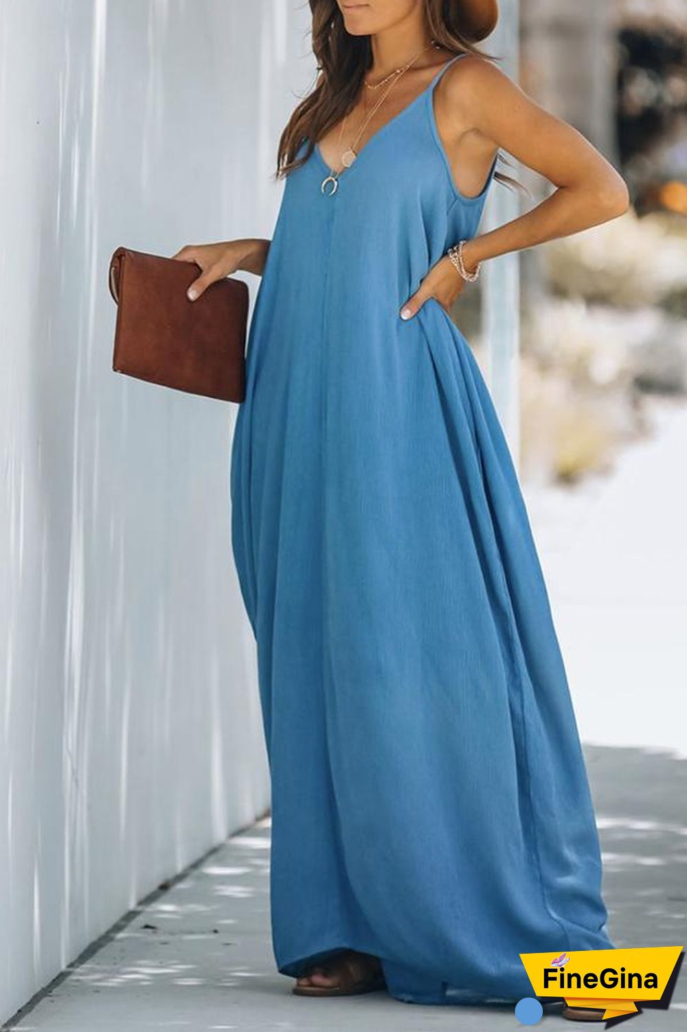 Casual V-neck Loose Sling Maxi Dress P10662