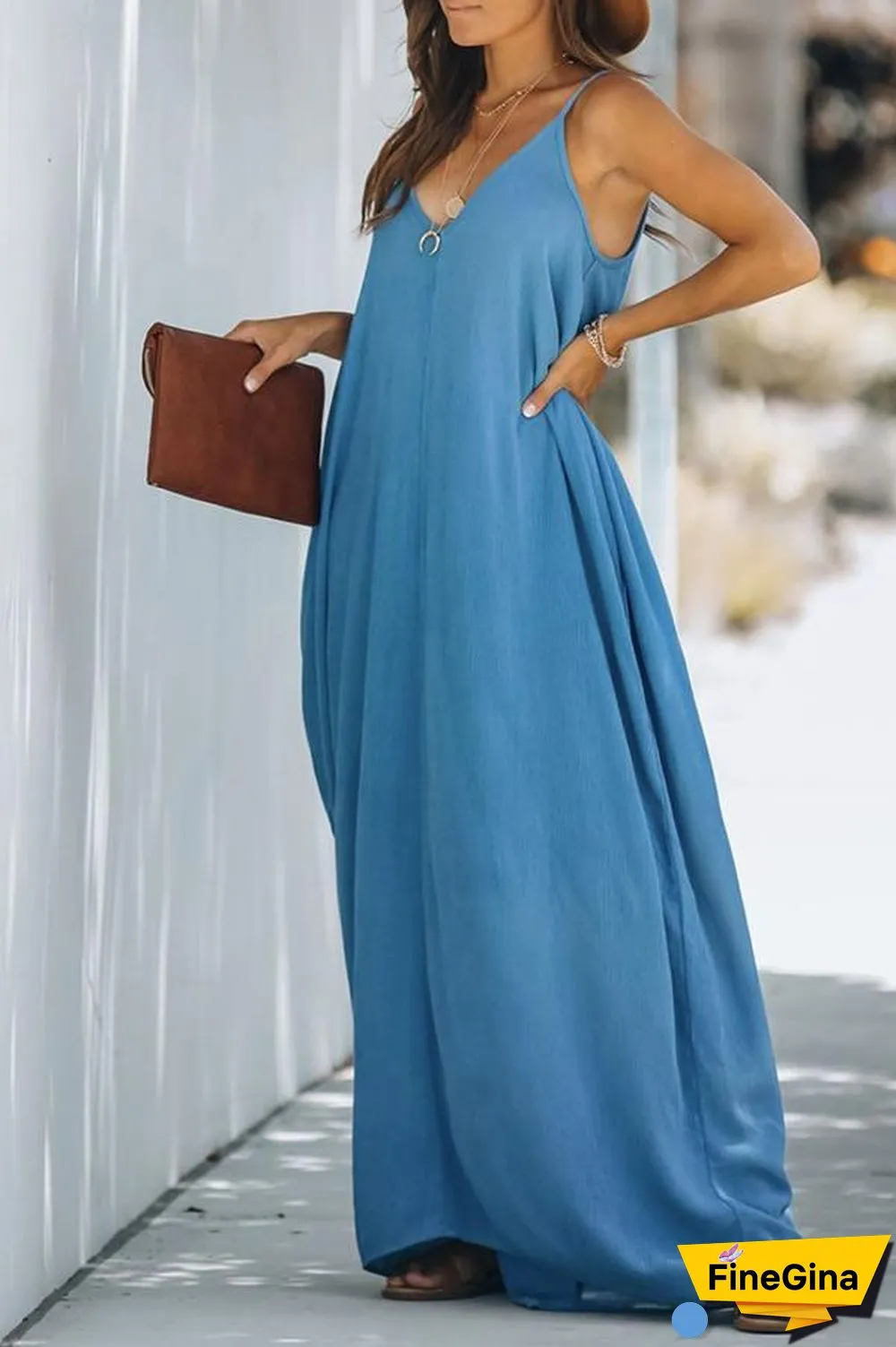 Casual V-neck Loose Sling Maxi Dress P10662