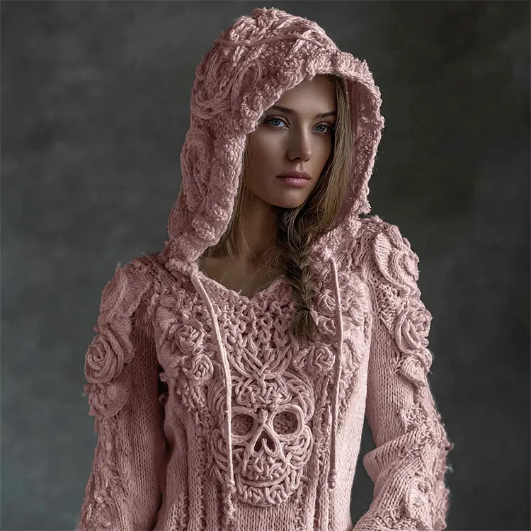 Vintage White Roses Viking Celtic Skull Hooded Cozy Knit Sweater