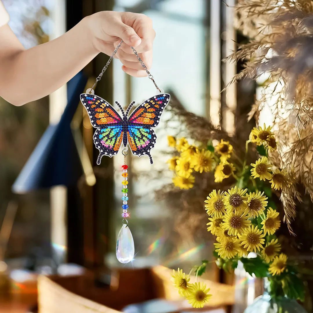 2Pcs Beautiful Butterflies and Hummingbirds DIY Double-Sided Diamond Painting Hanging Kits Diamond Painting Suncatcher Craft Kit for Home Garden Wall Decor Gift