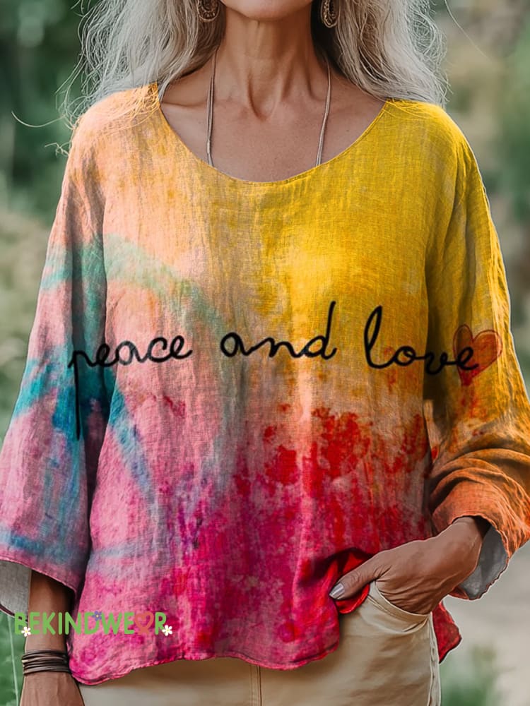 Peace and Love Gradient Print Cotton and Linen Top Multicolor / S