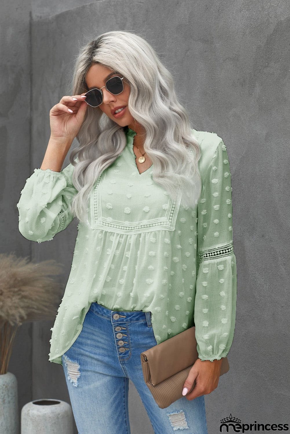 Chic Green Ruffled Split Neck Lace Hollow Out Long Sleeve Polka Dot Blouse