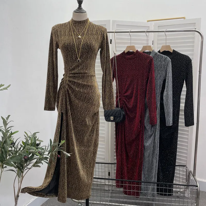Churchf Design Sexy High Open Fork Folded Small Squint Dress Half-High Collared Shoulder Dress 8872