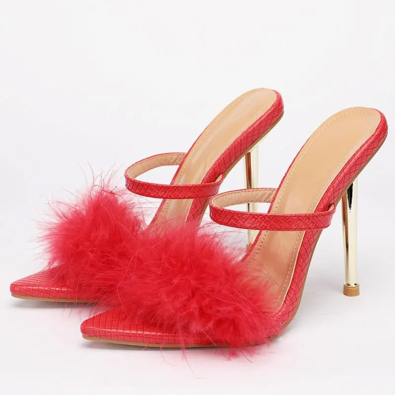 New Brand Fluffy Slippers Sandals Fashion Pointed Toe Summer Party Dress Shoes Gold Fur Slides Heels For Women Free Shipping