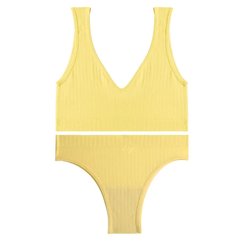 FINETOO Women Seamless Bra Set Deep V Tops Low-Rise Brazilian Panties Ladies Backless Top Soft Underwear Suit Female Lingerie
