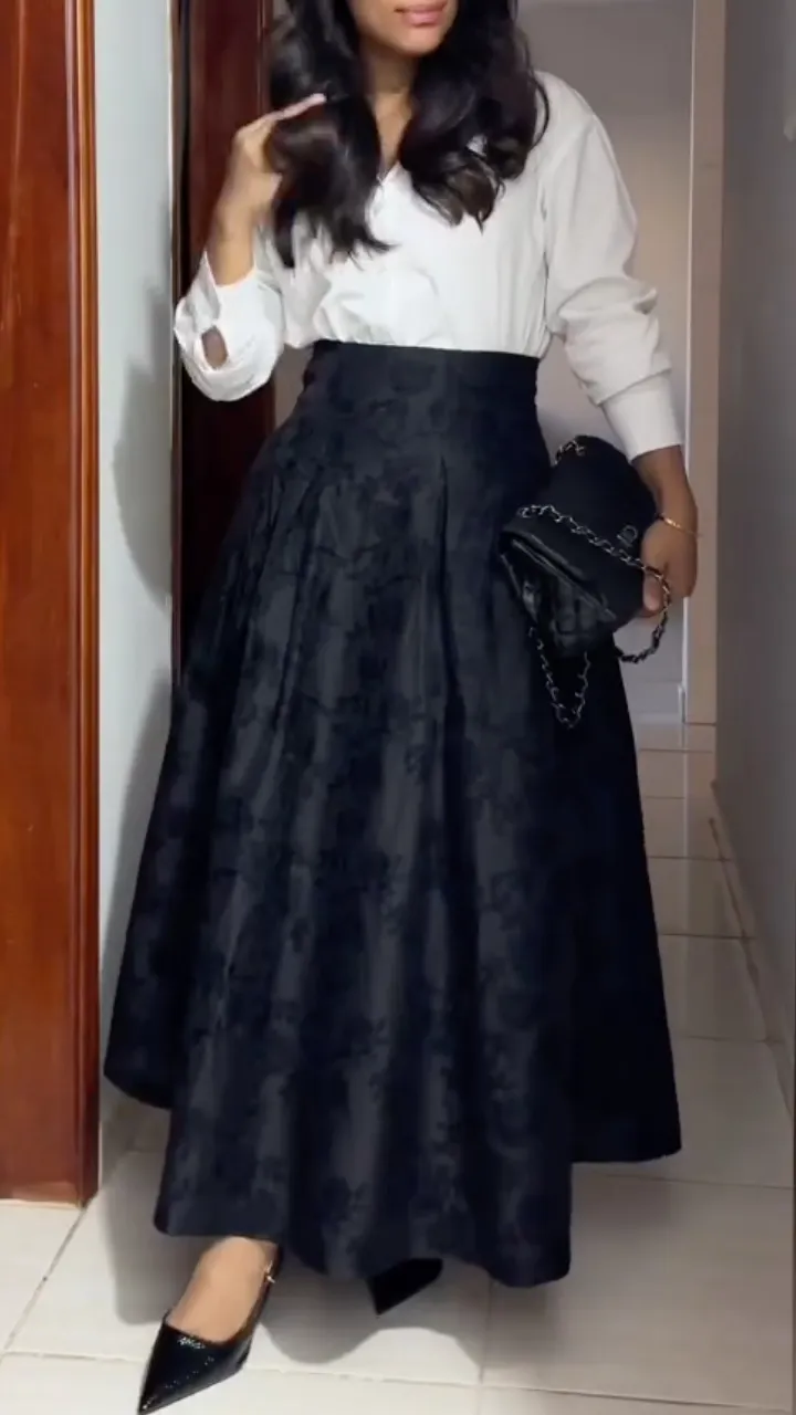 Black Textured Maxi Skirt and White Blouse Outfit