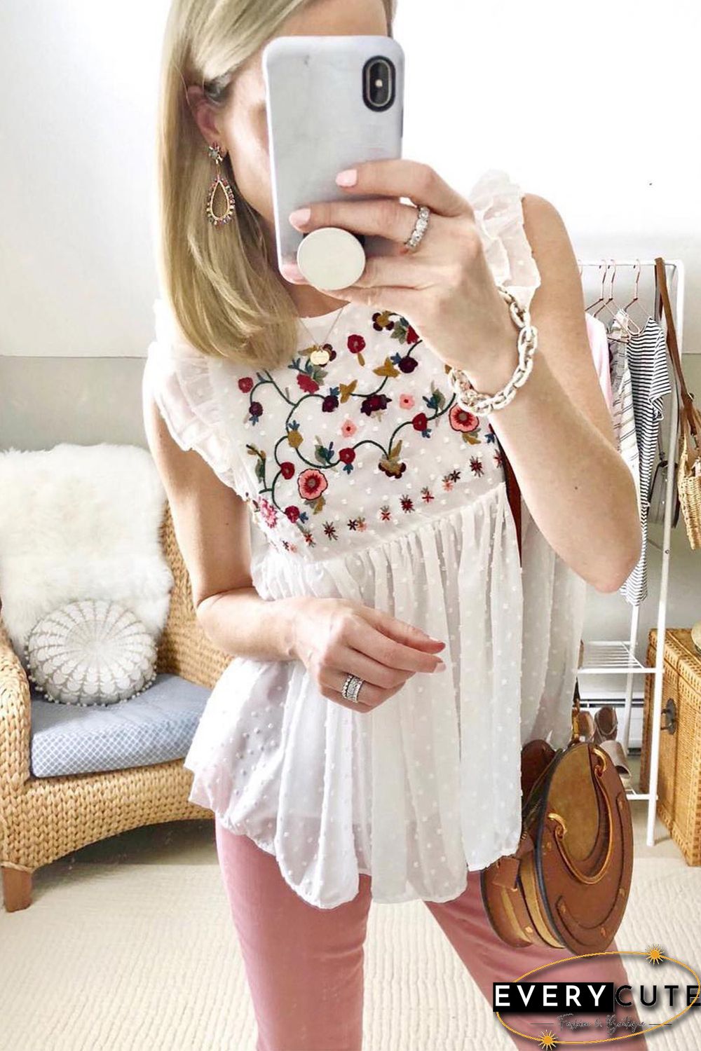 White Floral Embroidered Swiss Dot Ruffled Tank Top