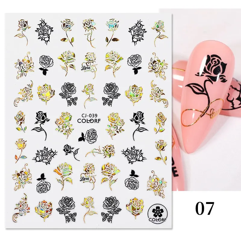 1 Pc 3D Nail Stickers Leaves Sliders for Nails Gold White Bronzing Flowers Gradient Adhesive Sticker Nail Design Art Decorations-Nail Inspo