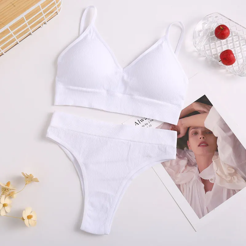 Thong + Bra Women Sexy Underwear Brassiere Female Tops Panties Bralette Intimates Lingerie Stretchy Ribbed Tank Crop Tops Set