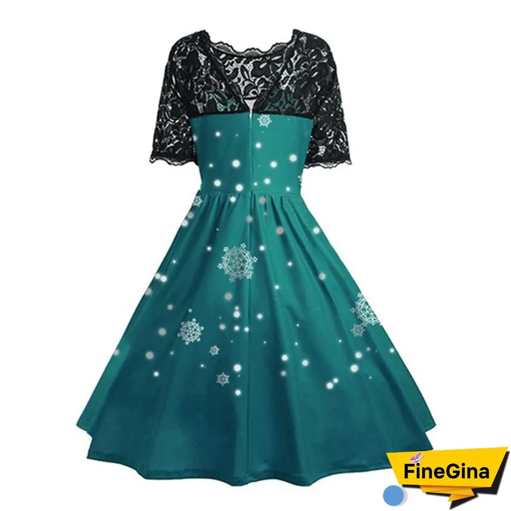 Plus Size Fashion Women Pumpkin Snowflake Print Dress Short Sleeve Lace Dress Christmas Halloween Costume Knee Length Party Dresses