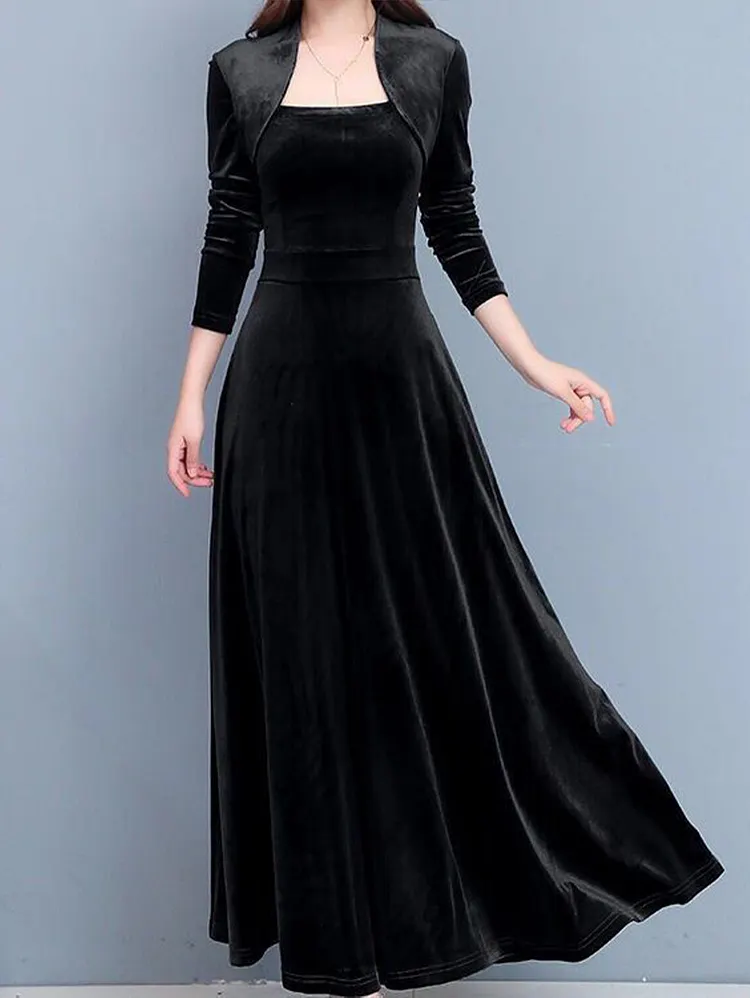 Red Retro Three-quarter Sleeve Golden Velvet Maxi Dress