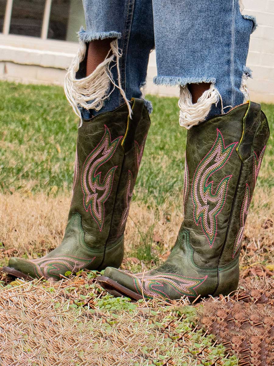 Vintage Green Block Heel Colorful Embroidered Wide-Calf Cowgirl Boots
