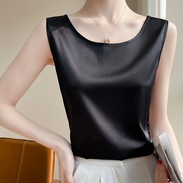 Loose-Fit Solid Color Plus Size Satin Camisole Tank Top