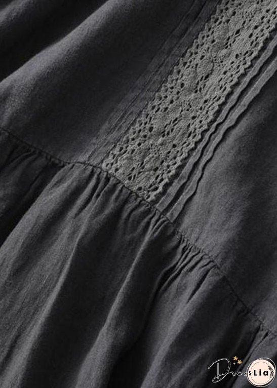 Vintage Black Wrinkled Embroideried Patchwork Linen Dress Summer