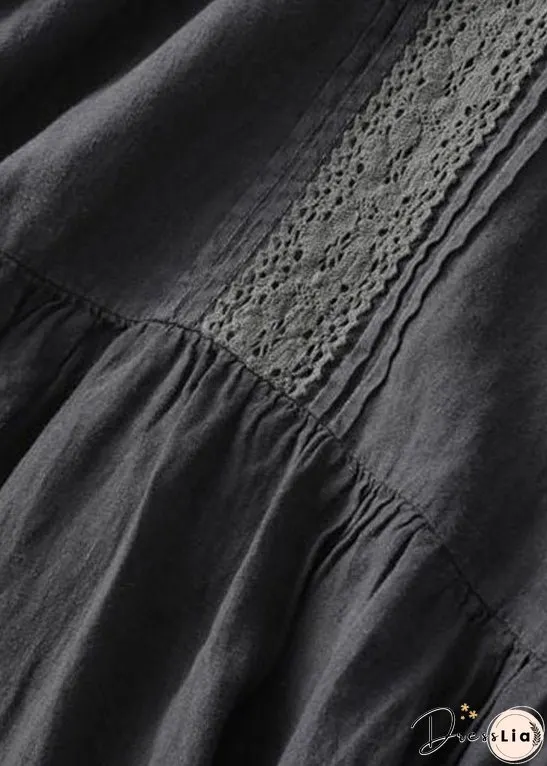 Vintage Black Wrinkled Embroideried Patchwork Linen Dress Summer
