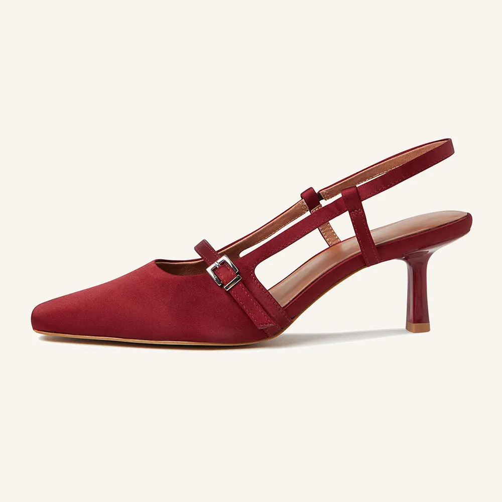 Elegant Red Satin Square Toe Slingback Heels with Buckle Strap