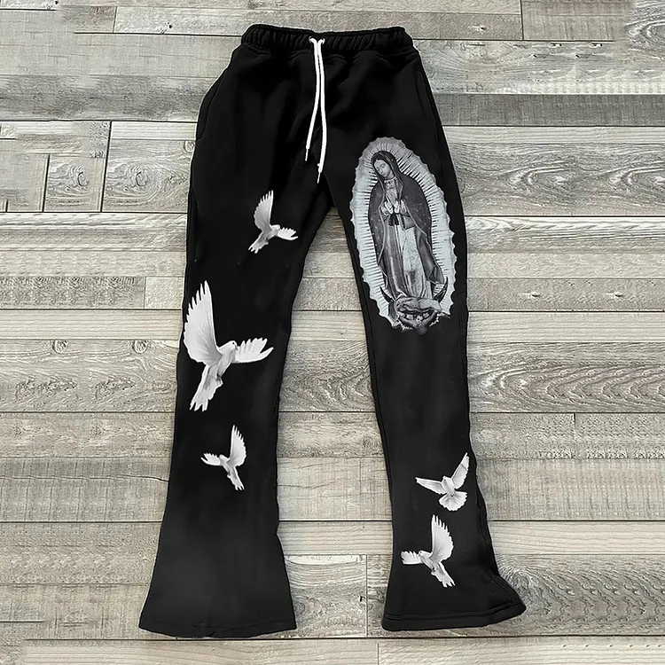Dove Vintage Our Lady of Guadalupe Graphic Stylish Casual Flared Sweats Trousers