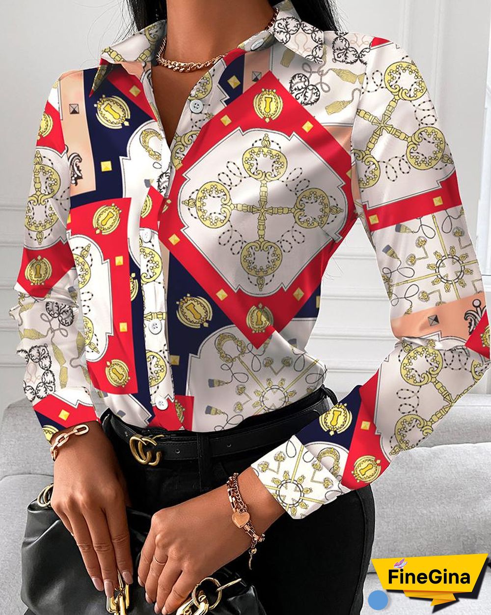 Scarf Print Button Up Long Sleeve Blouse