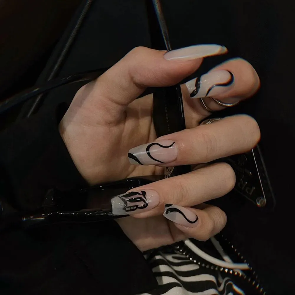 24pcs/Box Long Coffin False Nails with Dragon Pattern Design Ballerina Manicure Patches Press On Nails Full Cover Nail Tips-Nail Inspo